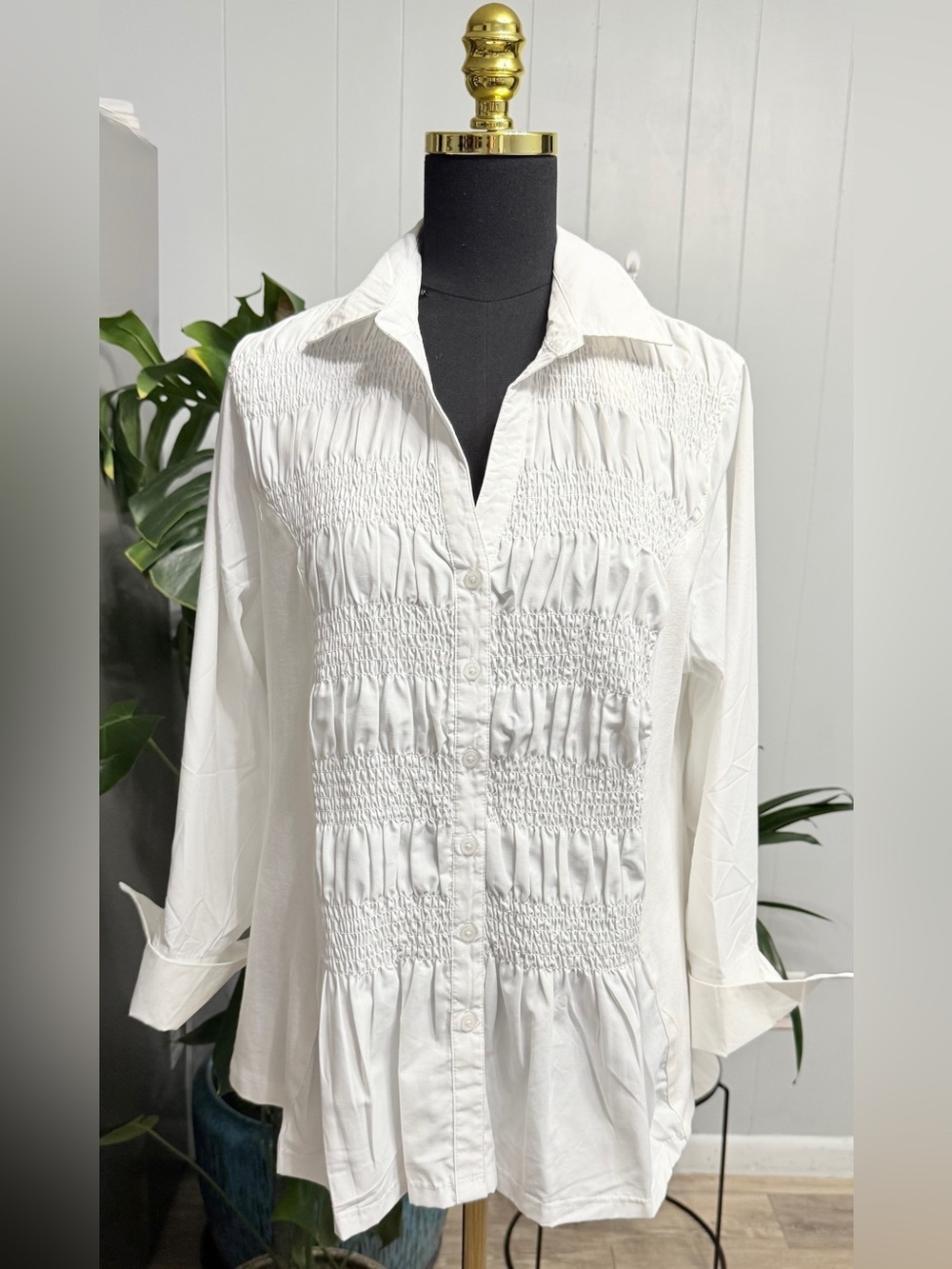 #9)  Robert Louis White Smocked Button-Front Peplum Blouse